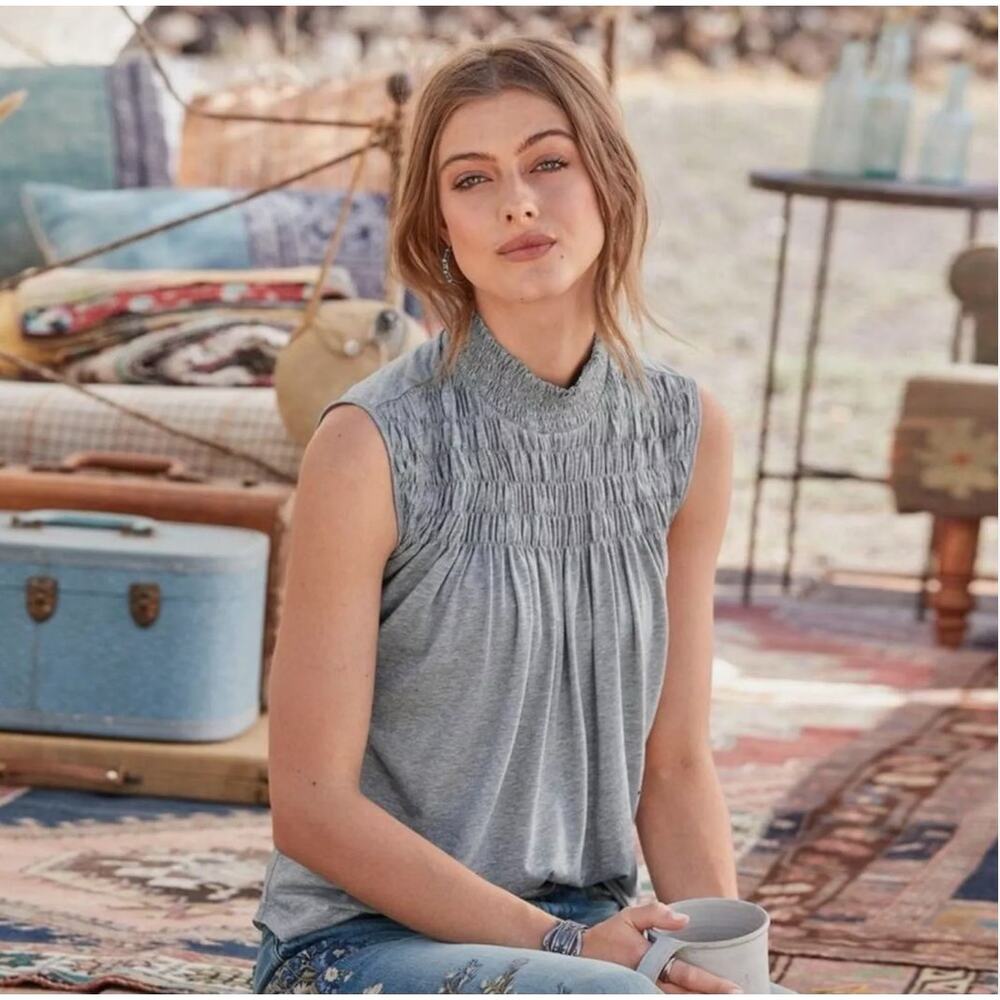 Sundance Top XS Heather Gray Everyday Essence Smocked Mock Neck Sleeveless